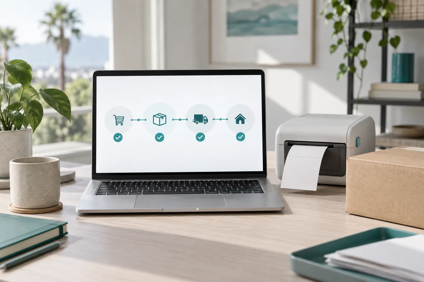 Concept scene of a connected operation with a laptop and a label printer