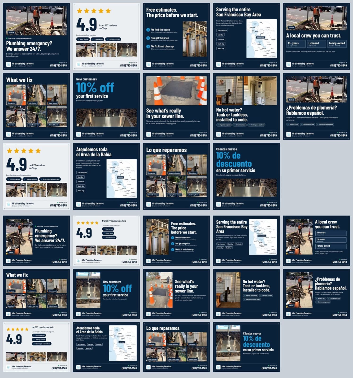 Publicaciones diseñadas para Google Business Profile y Google Ads de AB’s Plumbing, en inglés y español