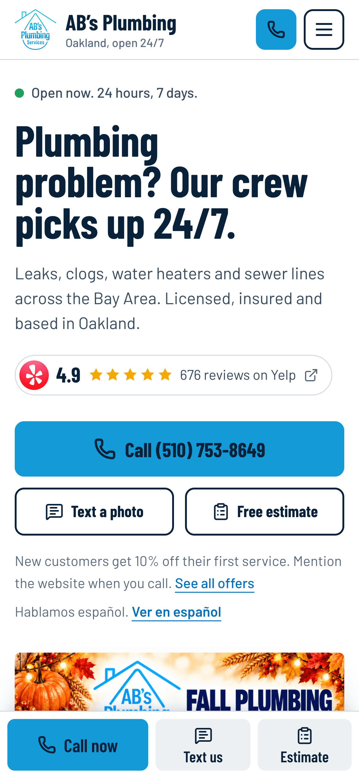 AB’s Plumbing Services home page on a phone