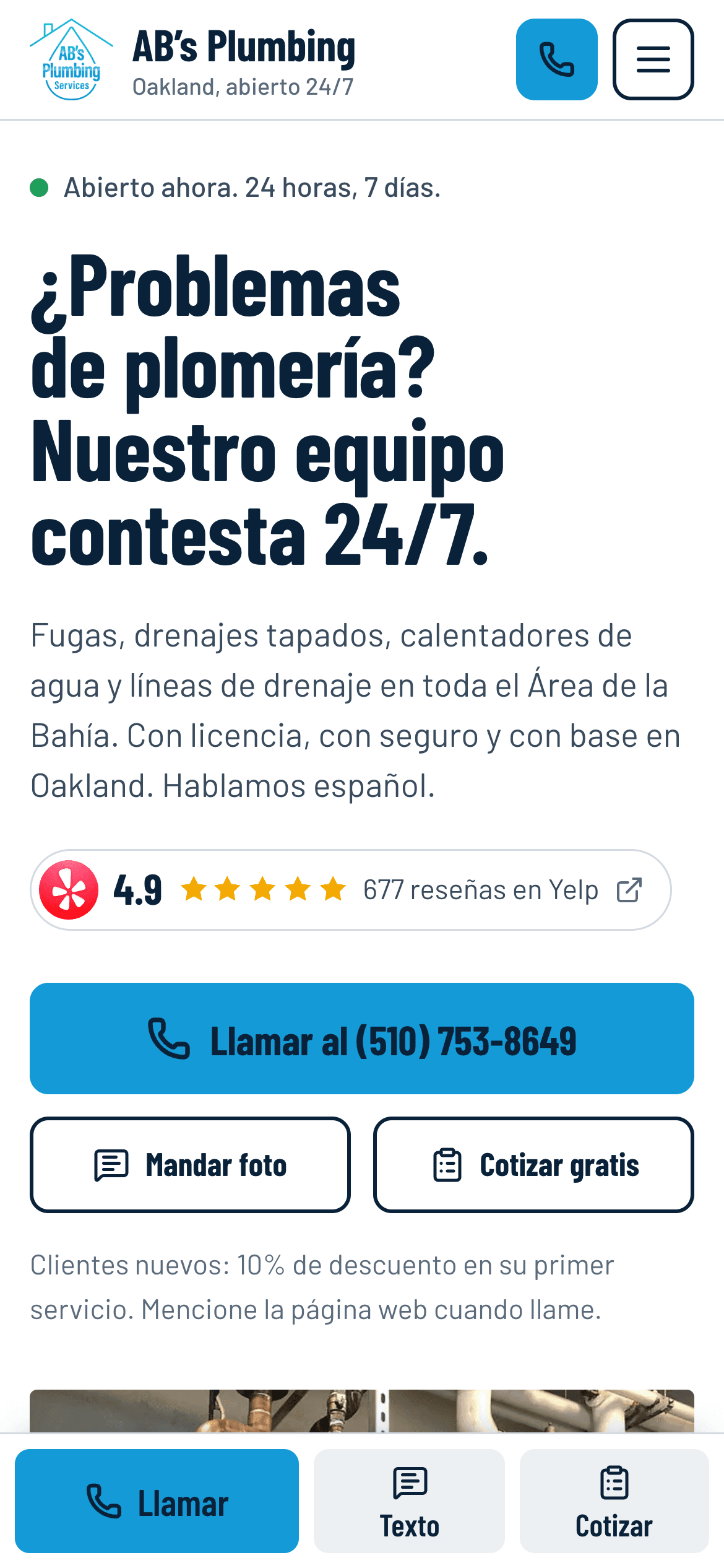 Spanish version of the AB’s Plumbing website on a phone