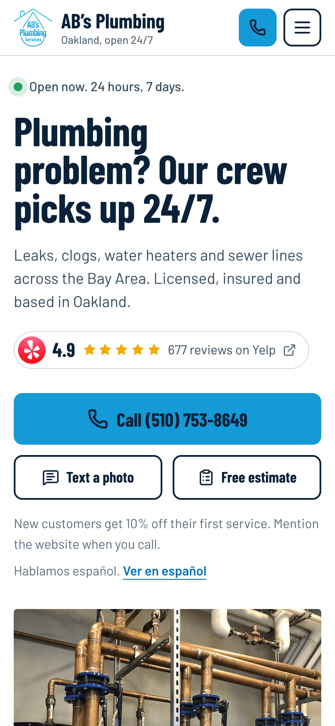 AB’s Plumbing Services home page on a phone