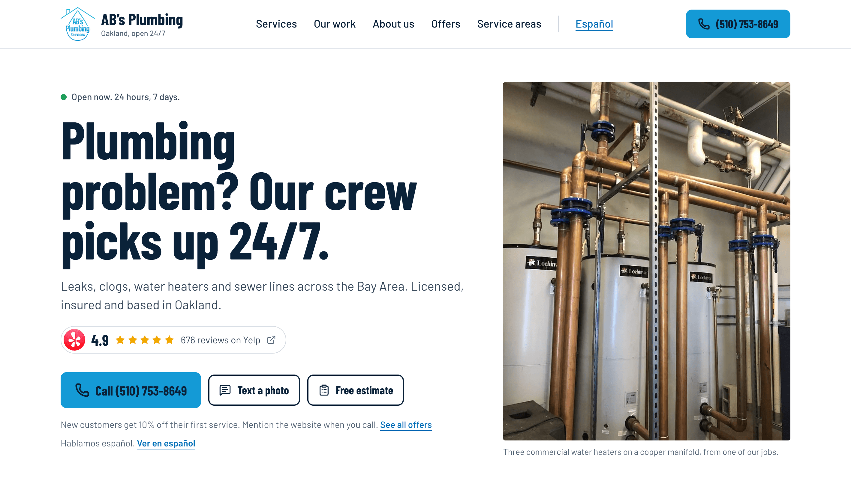 AB’s Plumbing Services home page on desktop, with call, text and free quote buttons