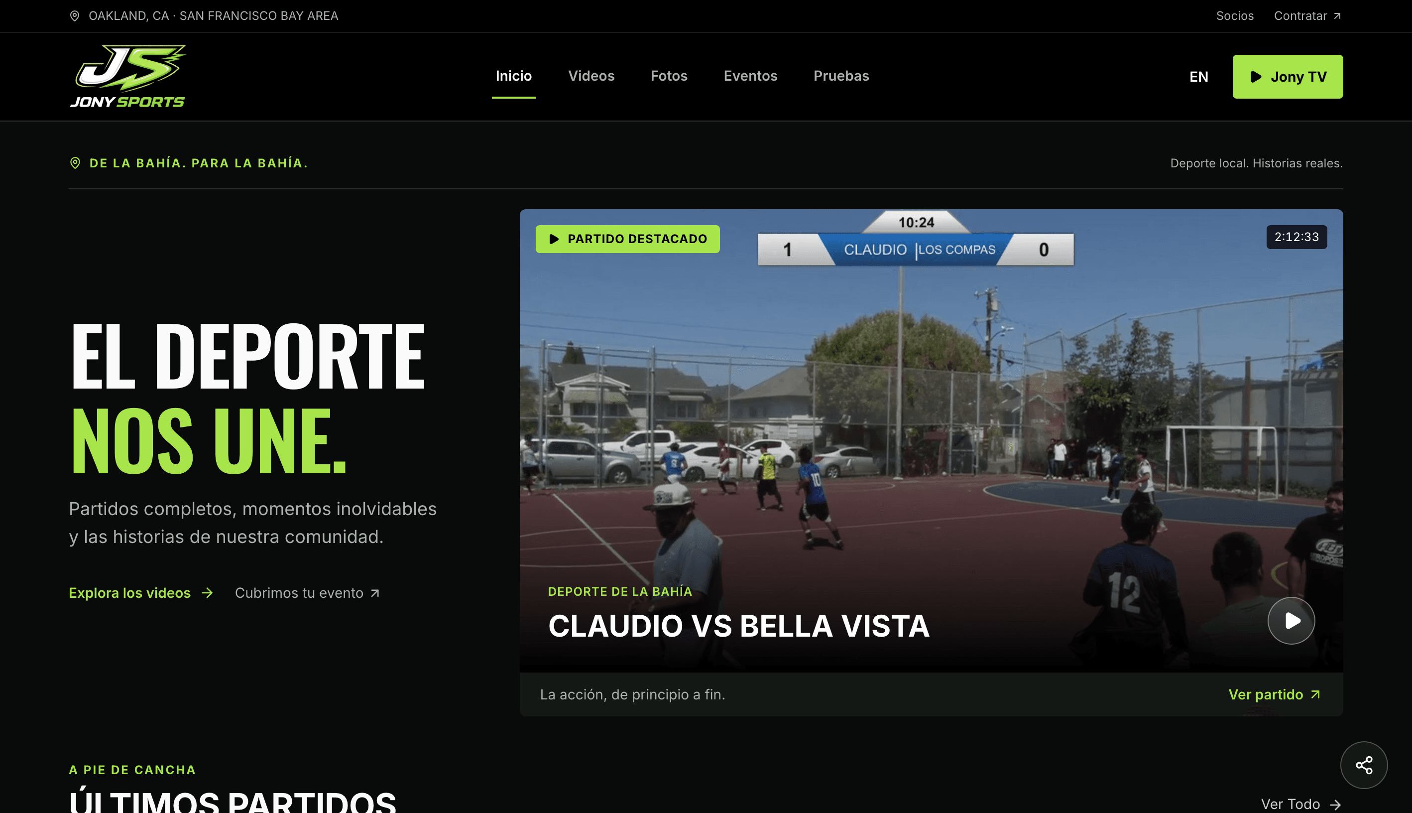 Vista del sitio web de Jony Sports