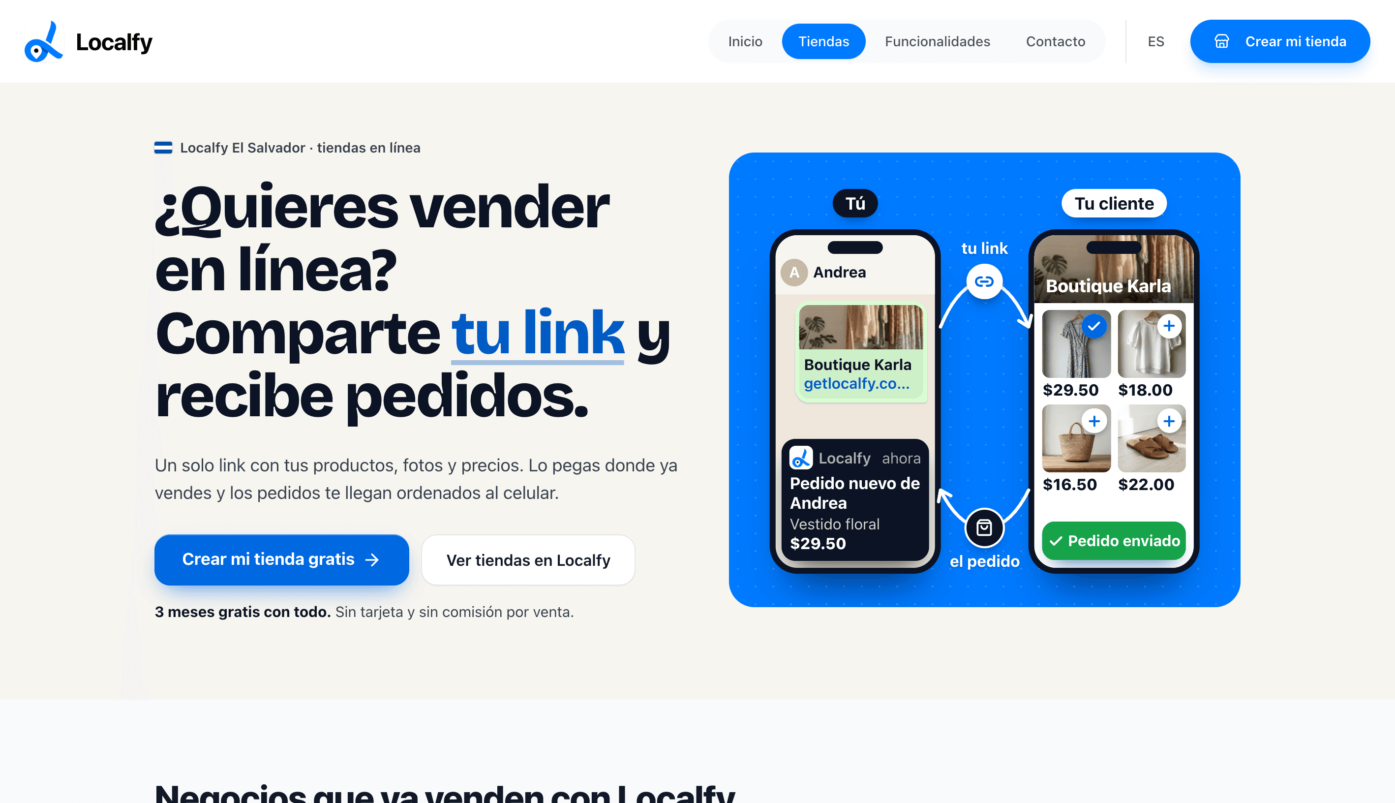 Localfy home page: share your link and get orders